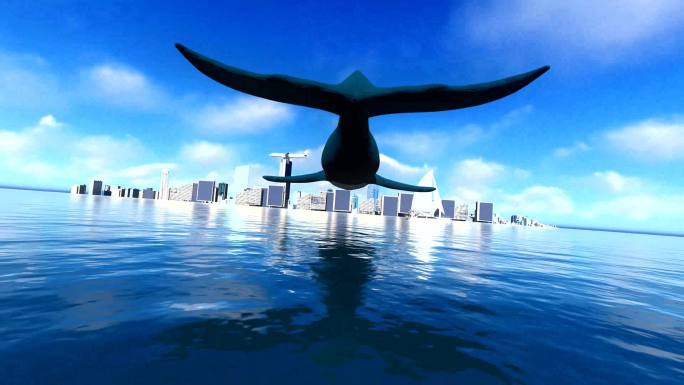鲲鹏鲸鱼游向镜面水城市－蓝天白云