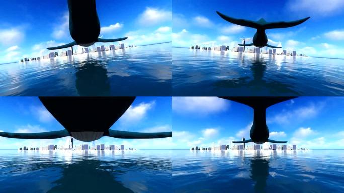鲲鹏鲸鱼游向镜面水城市－蓝天白云