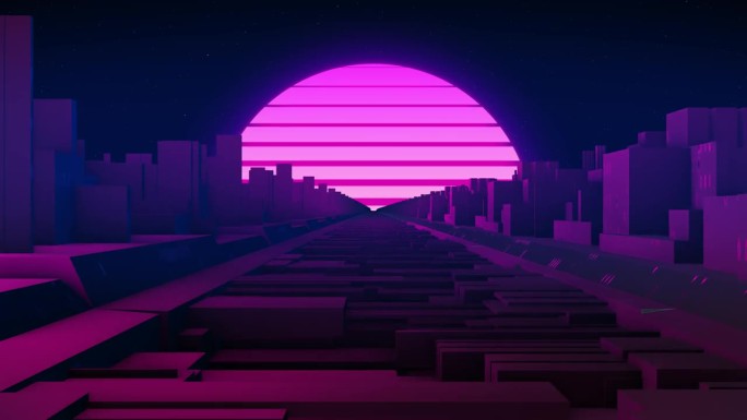 新潮的复古未来主义粉色和蓝色霓虹灯在赛博朋克城市中的3d道路，背景是太阳。3 d渲染。Retrowa