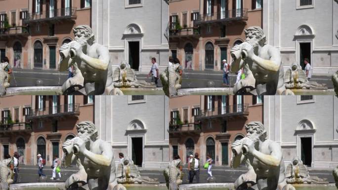希腊神特里同的细节雕塑。Fontana del Moro，摩尔喷泉位于纳沃纳广场，阳光明媚。站在海螺