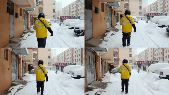 雨雪天外卖骑手取餐送餐