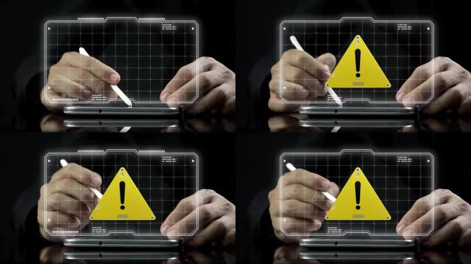 商人使用虚拟屏幕上有警告标志的平板电脑。保护、隐私、软件安全。在线访问保护密码系统。经济形势预警，网