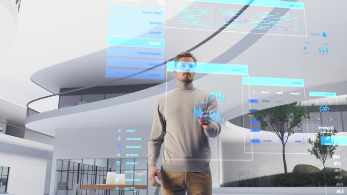 未来主义商人在虚拟空间中激活数据分析的行动肖像。人的手势与增强现实全息图信息，财务报告，股票市场，信
