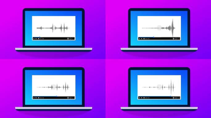 在现代笔记本电脑的多媒体播放器上播放声波音乐。波形频率在计算机屏幕上的动画