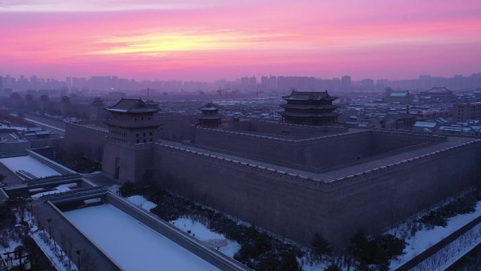 大同古城北城墙朝霞日出航拍