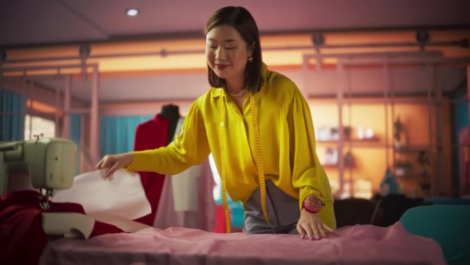 美丽的亚洲时装设计师在粉红色的织物上布局模板，并开始创作她的作品。一个女人在她明亮阳光的工作室里，致