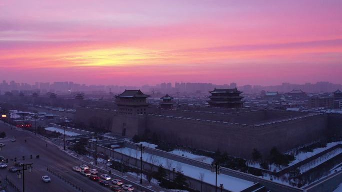 大同古城北城墙朝霞日出航拍