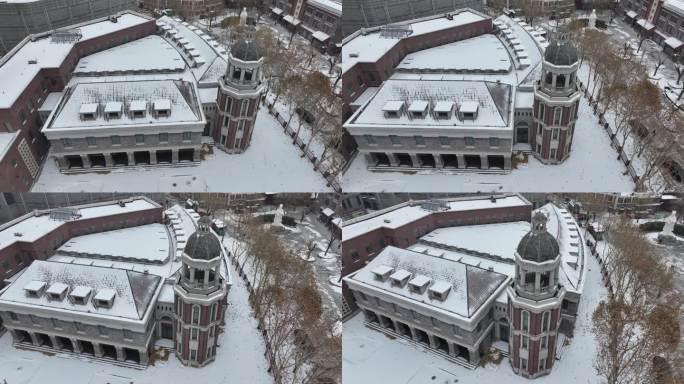 4K原素材-航拍天津雪景，老水阁博物馆