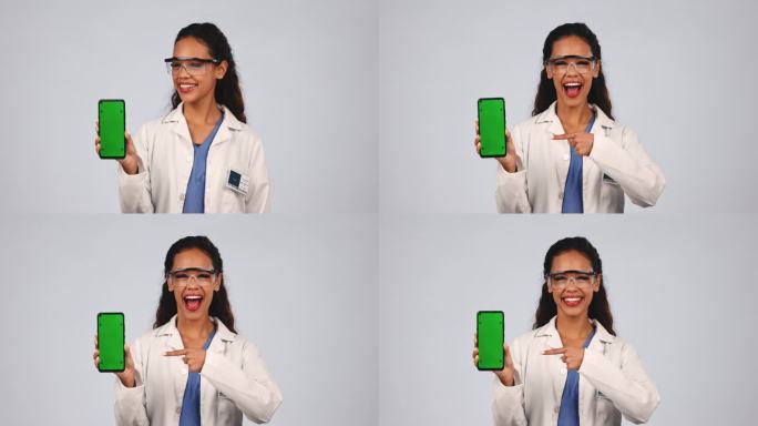女性，科学家，工作室的手机绿屏用于广告，研究应用程序或白色背景的信息。肖像、科学或指向智能手机上的跟
