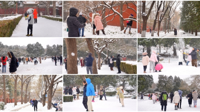 唯美城市雪景 景区游客玩雪拍照