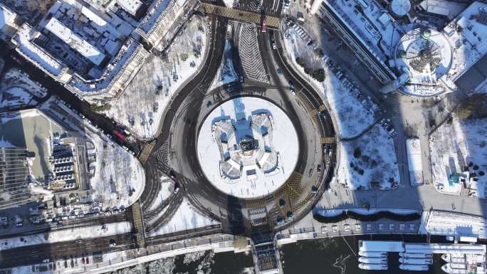 4K原素材-航拍天津雪景，世纪钟广场