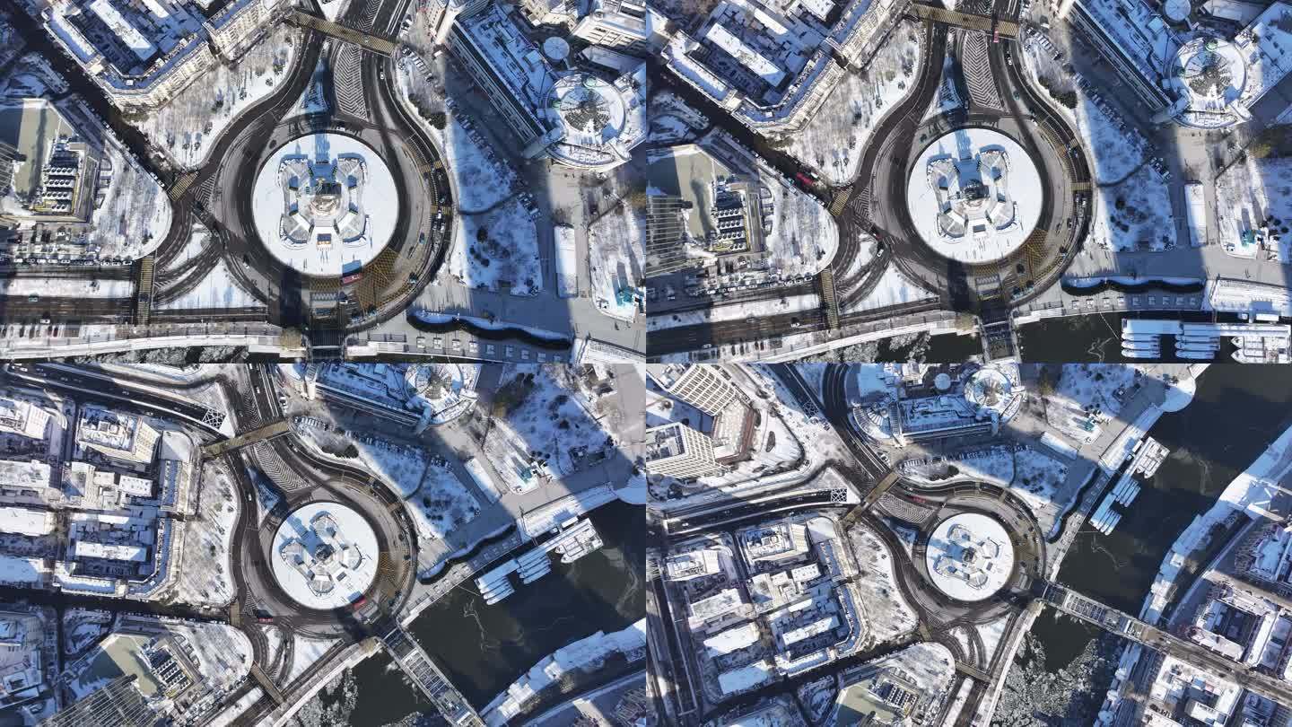 4K原素材-航拍天津雪景，世纪钟广场