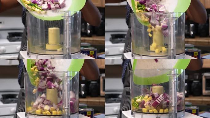 将切碎的红洋葱、姜、香菜和辣椒倒入食品加工机——Chana Masala系列