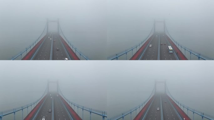 航拍冬天大雾天气襄阳汉江凤雏大桥城市风光