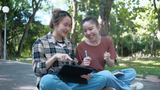 两名女学生坐在大学校园的草地上一起工作和学习考试