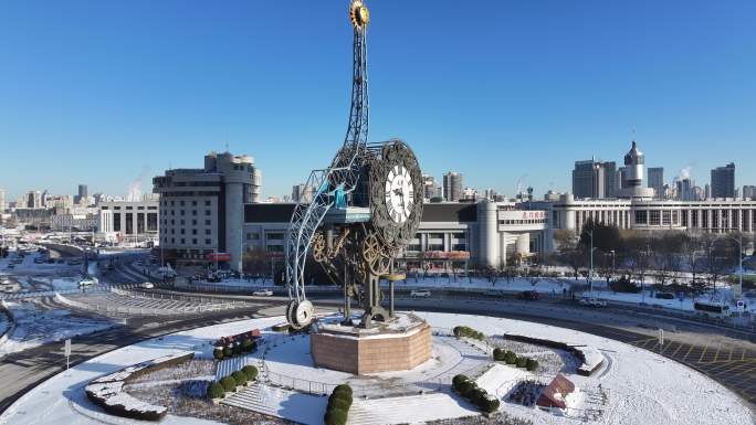 4K原素材-航拍天津雪景，世纪钟