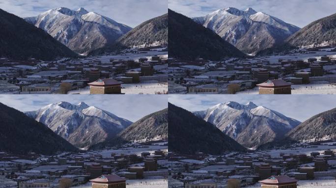 航拍雪后的川西贡嘎山乡上城子村雪景