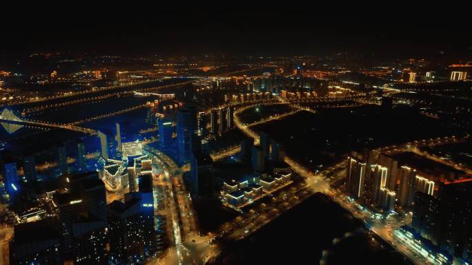 航拍西安浐灞城市夜景