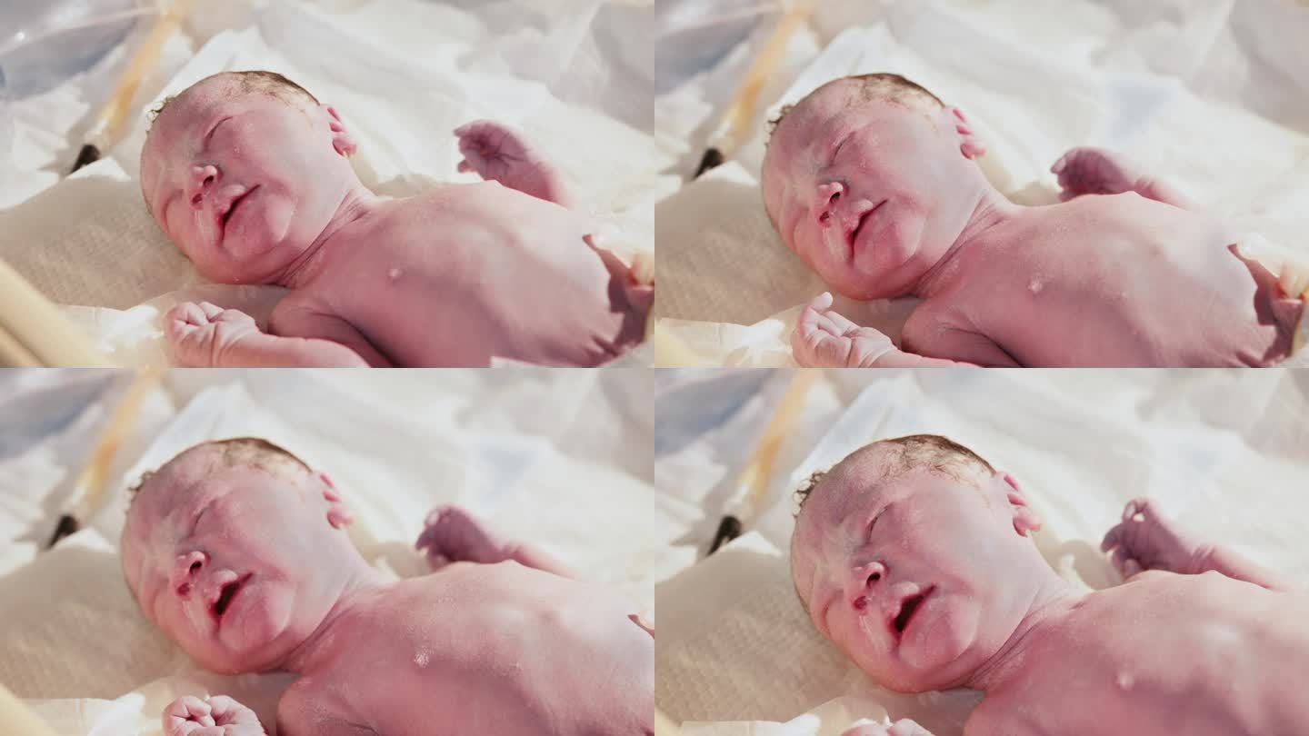 刚出生的婴儿在医院。产科专业儿科医生。医生在新生儿出生的最初几分钟里对其进行检查。医院里的新生儿——