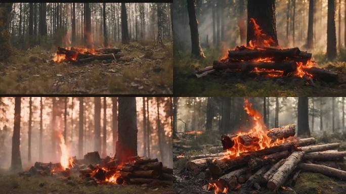 森林里燃烧的木头