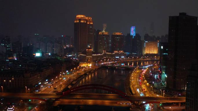 4K原素材-航拍天津市海河冬日夜景
