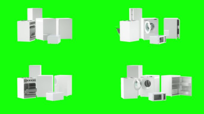 家用电器洗衣机冰箱微波炉绿色背景一个互联网服务的概念，维修家用电器和打电话给家里的主人，3D循环