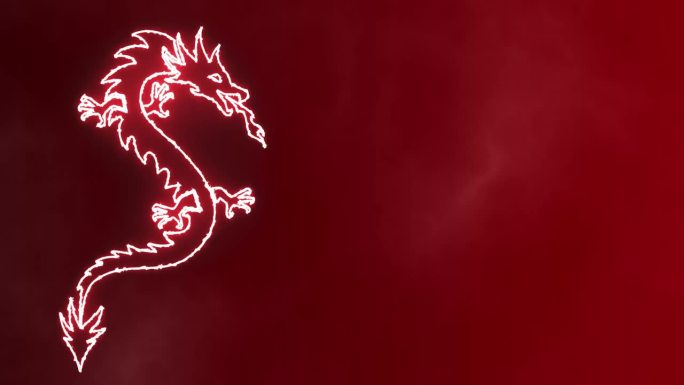 发光的红色龙在渐变的红色烟雾背景。中国新年龙动画与自由的空间在右边。