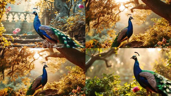孔雀绿色自然树林野生动物开屏保护动物景观