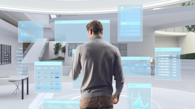未来主义商人站在虚拟空间，用增强现实全息图做手势，分析大数据、财务报告、股市统计数据、信息图表和图表