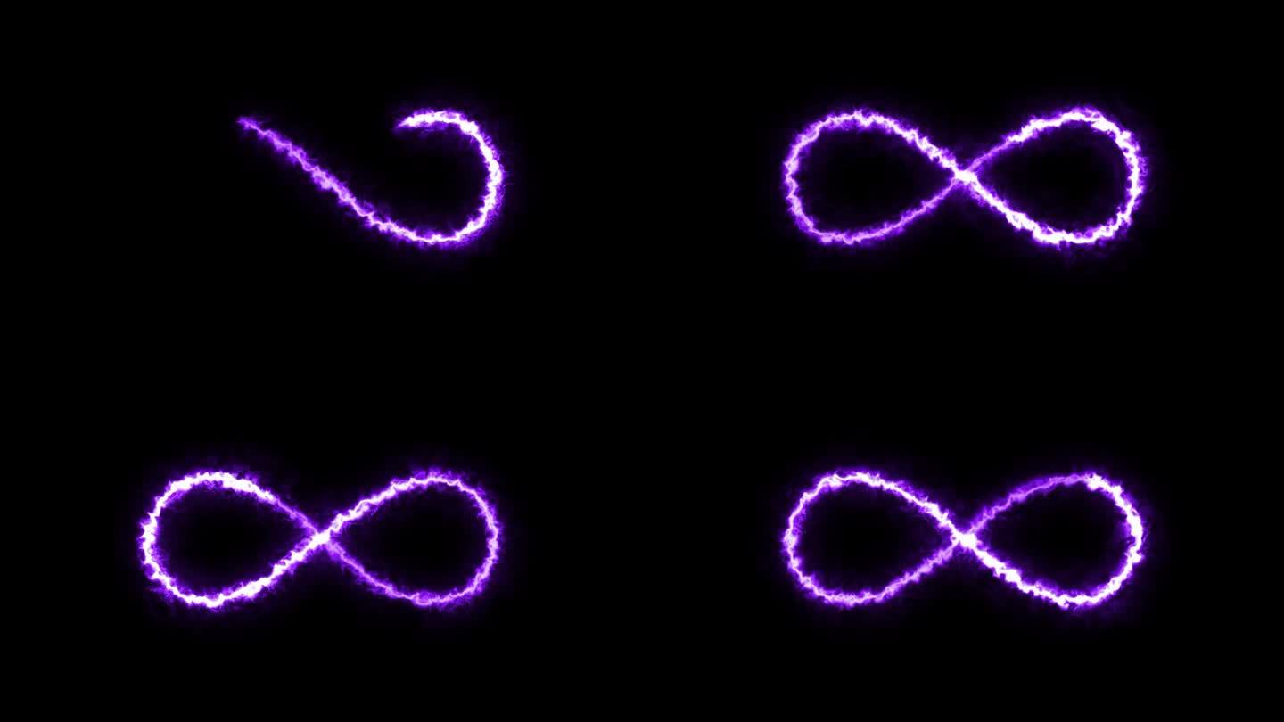 未来主义的无限符号与星云能量在黑暗的背景。动画永远或无尽的图标与发光的紫色光。