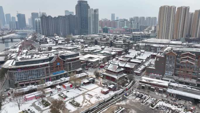 4K原素材-航拍天津雪景，天津古文化街