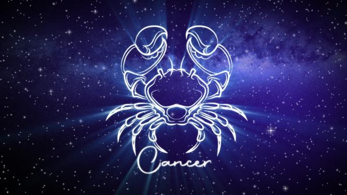 巨蟹座的占星学星座，在深空的背景上有一个闪闪发光的符号，3D空间中的星星和一个平滑的相机慢慢地推进到