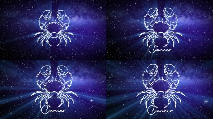巨蟹座的占星学星座，在深空的背景上有一个闪闪发光的符号，3D空间中的星星和一个平滑的相机慢慢地推进到