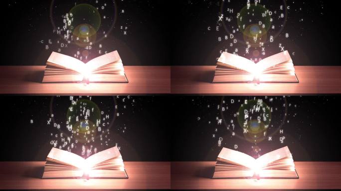 魔法书与字母粒子飞起来。童话书与发光的光和字母动画