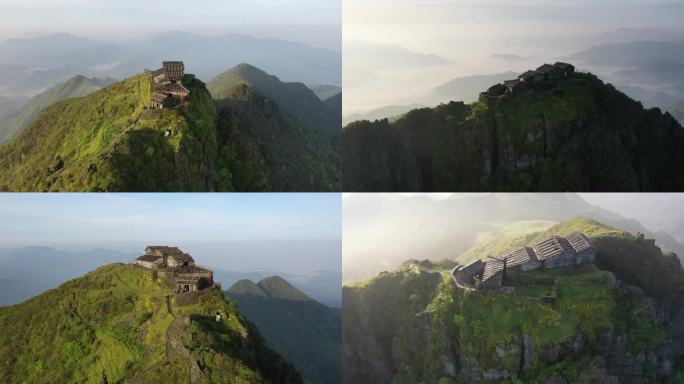 湖南邵阳高登山千年石头古石庙航拍