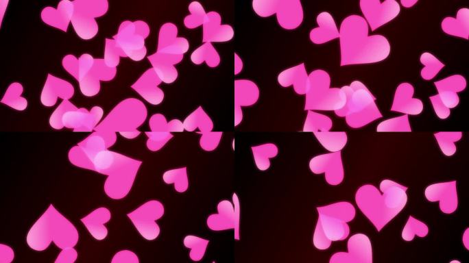 抽象的背景镜头与透明的粉红色心形旋转和落在深棕色的背景。情人节快乐。
