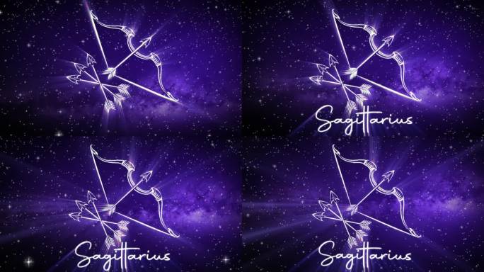 占星学星座射手座，在深空背景上闪闪发光的符号，3D空间中的星星和平滑的弧形相机移动，神秘的深紫色和粉