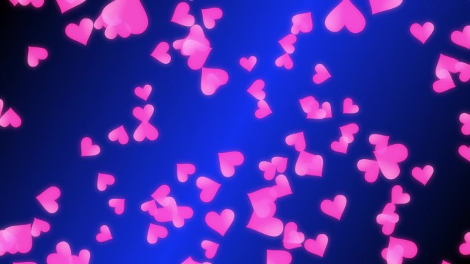 抽象的背景镜头与透明的粉红色心形旋转和落在蓝色背景。情人节快乐。