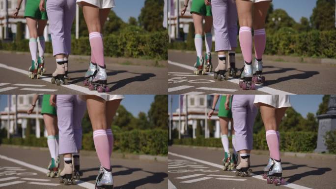 住相机。在城市公园里，三对穿着旱冰鞋的女性用慢动作表演太空步。