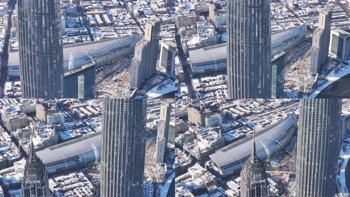 4K原素材-航拍天津雪景，恒隆广场