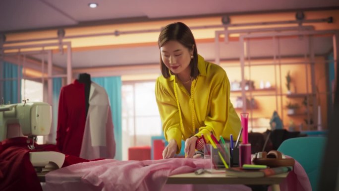 富有创造力的亚洲女性用智能手机为她的时尚项目做笔记的肖像。年轻的女设计师正在为时尚商店电子商务设计她