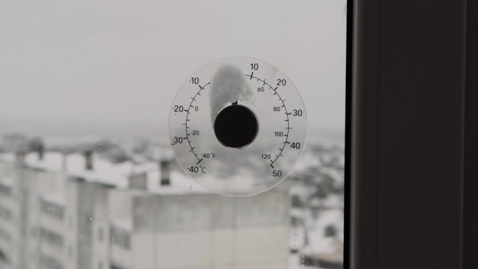 窗外温度计上的雨点和雨夹雪显示了外面的气温。天气预报，冬去春来解冻。文本复制空间