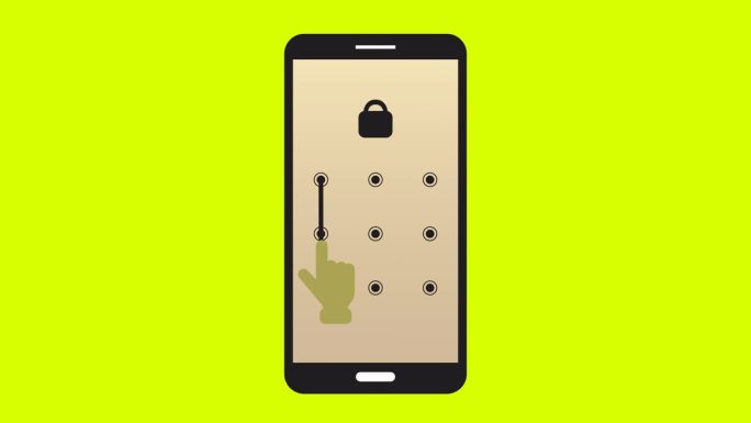 智能手机模式锁定安全动画绿屏。手机安全保护和安全锁屏密码。解锁密码界面。手机模式认证触摸屏网络安全。