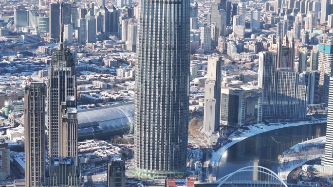 4K原素材-天津雪景，天津环球金融中心