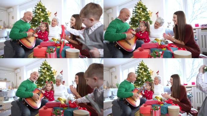 多代高加索家庭演奏和唱圣诞歌曲