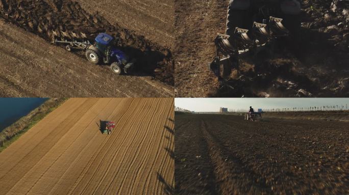 田野上农业机械正在黑土地黄土地大田上耕地