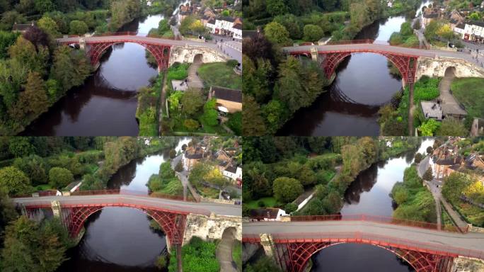 英国什罗普郡铁桥上横跨塞文河的铁桥的高空无人机镜头