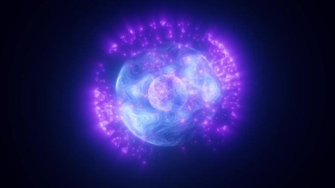 摘要蓝紫色能量发光数字球原子由移动的电等离子体液体的虹彩能量在黑色背景