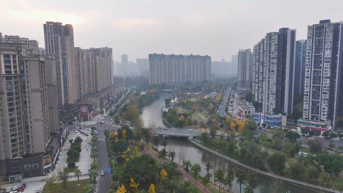 航拍成都温江江安河畔房地产住宅