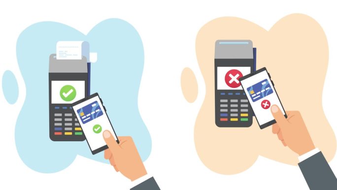 男子手持手机终端卡和借记卡付款成功。使用NFC机器或技术的非接触式支付。